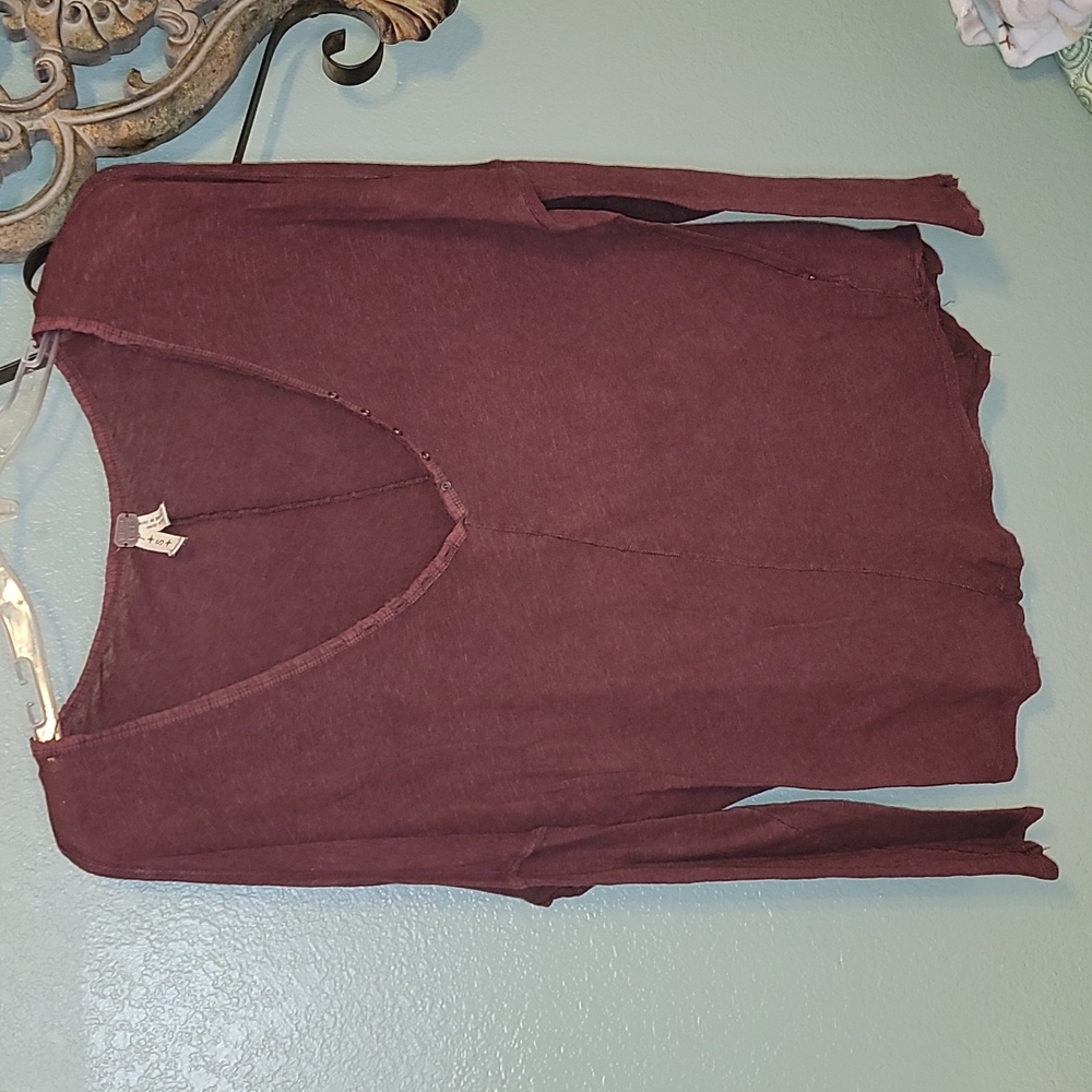 Free People Distressed Long Sleeve Blouse wine burgundy maroon